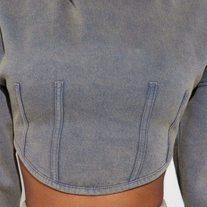 Conjunto Deportivo de Felpa Francesa 100% Algodón, Estilo Desgastado con Lavado Ácido, Sudadera Corta con Capucha para Mujer - Product Image 3