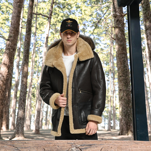 Blouson aviateur vintage pour homme en laine et cuir de vache, chaud pour l'hiver, 100% imperméable, réversible, séchage rapide, col montant, fermeture éclair - Product Image 2