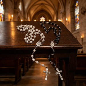 Elegante rosario católico de cuentas de acrílico de colores con San Benito, cruz de Santiago y corazón de Jesús. - Product Image 2