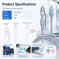 Câble de charge rapide PD 30W 2-en-1 multi-connecteurs Type-C 1,5 m en silicone, fil de charge multi-appareils en cuivre pur, vente en gros