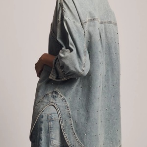 New Arrival Casual Western Style Women's Oversized Denim <b>Shirt</b> <b>Studded</b> Denim Buttondown Long Sleeve Jacket - Product Image 3