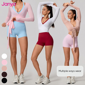 Atasan Olahraga Wanita Janya Berkualitas Tinggi, Bahan Bernapas, Cepat Kering, untuk Tari, Kebugaran, Latihan Gym, Lengan Panjang, Model Ballet Wrap, Kaos Yoga - Product Image 4