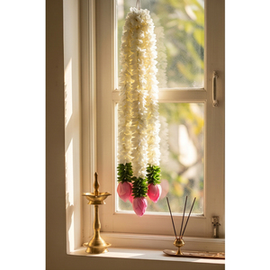 Artificial <b>White</b> Flower <b>Hanging</b> Garland with Pink Bud Accents Decorative Floral Mala for Wedding Decoration Temple - Product Image 1