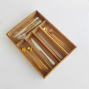 Acacia Wood Five Compartment Cutlery Drawer Organizer <b>Storage</b> <b>Box</b> Rectangular <b>Kitchen</b> Utensil Holder - Product Image 4