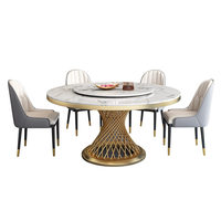 Luxuriöser Runder Marmor-Esstisch mit Lazy Susan Goldfarbener Metallgewebter Basis & Eingebauter Drehscheibe Moderner Küchentisch für 6-8 Personen