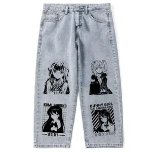 AeeDenim Black Printed Stretch Jeans Long Hip Hop Men's Jeans Y2k Anime Men Pants Big And Tall Men Stretch Jeans