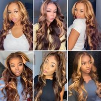 Pelucas de Cabello Humano con Ondas Corporales Color Miel con Reflejos, Pelucas Frontales de Encaje Completo 13x4, Cabello Humano con Encaje HD, Peluca con Reflejos Rubios Marrones