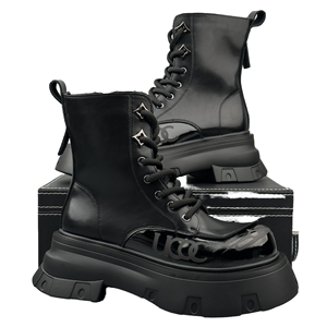 Bottes courtes à semelle épaisse pour hommes, nouvelle collection hiver, bottines à lacets en cuir véritable, mode polyvalente, rehaussantes, noires - Product Image 1