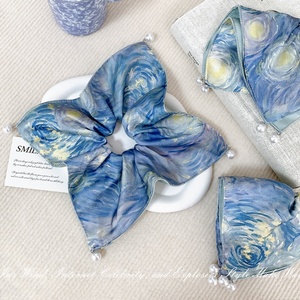 Élégant accessoire pour cheveux haut de gamme pour femme, motif ciel étoilé bleu calme, foulard carré forgé, style doux, attache-cheveux en corde - Product Image 1