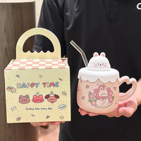 Couvercle de tasse de paille en céramique de lapin mignon dessin animé pour les filles pour l'eau domestique utilisation de bureau pour cadeau Souvenir d'anniversaire