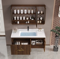 Mueble de Baño Flotante de Pared en Nogal Oscuro con Espejo Decorativo LED Inteligente y Gabinete de Vidrio para Villa u Hotel