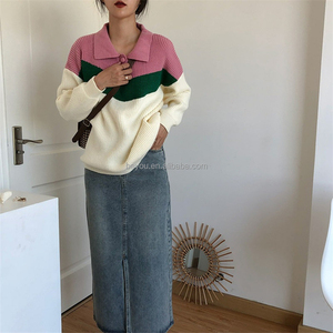 Otoño e Invierno nuevas mujeres contraste Polo cuello contraste punto moda <span class=keywords><strong>hermanas</strong></span> Casual suéter Suelto - Product Image 3