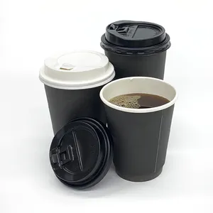 Custom Logo Dubbele Muur Zwart Hete Koffie Papier Cup Wegwerp Dubbele Muur Papier Koffiekopjes Met Deksels Voor Warme Drank