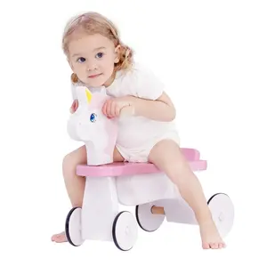 Labebe 핑크 유니콘 나무 Tricycles 워커 장난감 아기 4 바퀴 자전거 장난감 어린이 나무 세발 자전거 타고 자동차
