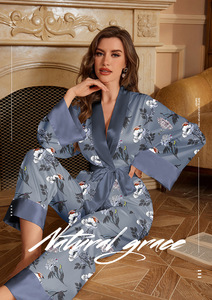 <strong>Import</strong> Pajamas Supplier Ice Silk Pajamas Suit Autumn Women's Long-sleeved Set Fashion Style Homewear Female Two-piece Sleepwear - Product Image 3