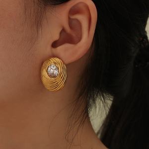 Retro tıknaz Modernist büyük Oval bildirimi saplama küpe Bejeweled Oval Geo geometrik küpe paslanmaz çelik zirkon küpe - Product Image 1