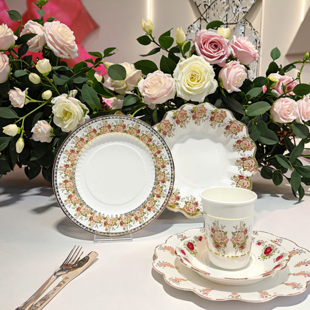 Luxury Floral Disposable Paper Cups Flower Shaped Bowls New Party Tableware Decorations Disposable Paper Plates