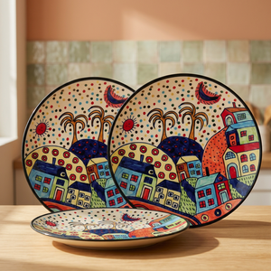Handmade Ceramic Round Plate Bohemian Cartoon Design 300mm Diameter 8mm Thick Premium Quality <b>Table</b> Decoration <b>Mats</b> & Pads - Product Image 1
