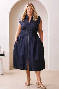 Abito Midi <span class=keywords><strong>Laura</strong></span> Senza Maniche con Vita Arricciata e Zip Frontale Blu Navy Classico con Colletto e Scollo a V Elegante per Donne - Product Image 3