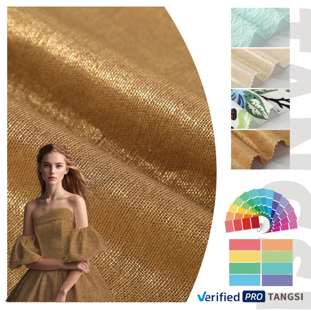 Global Hot Sale Golden Foil Fabric 55% Linen 45% Viscose Organic Stylish Plain Woven Mediumweight for Girls Dress Fashionable