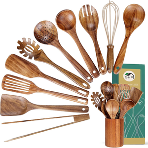 Juego de 11 utensilios de <span class=keywords><strong>cocina</strong></span> de madera <span class=keywords><strong>con</strong></span> soporte, cucharas, espátula y cucharón de madera de teca natural para cocinar en el hogar o en restaurantes. - Product Image 1