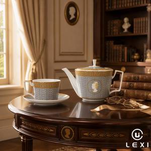 Juego de Té con Diseño Floral Gris y Mosaico Dorado, Taza, Platillo, Silueta Blanca en Relieve, Porcelana Fina, Servicio de Café - Product Image 1