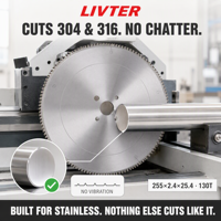 LIVTER 255*2.4*25.4*130T Lame de scie circulaire TCT pour la coupe de l'acier inoxydable et du plastique, disque de scie à métaux 255mm 130T