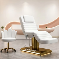 Table de massage électrique de luxe en cuir PU blanc à 3 moteurs pour salon de beauté, lit pour extensions de cils avec base dorée et chaise de technicien