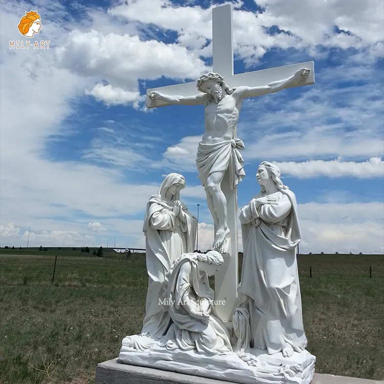 Statue grandeur nature en plein air Croix de Jésus Crucifix en pierre fouettée à la main