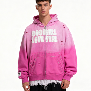 Fabricantes personalizados sudaderas con capucha de los hombres Streetwear Plus Size Acid Wash Vintage Distressed Hoodie Zip up Rhinestone Hoodie para hombres - Product Image 1