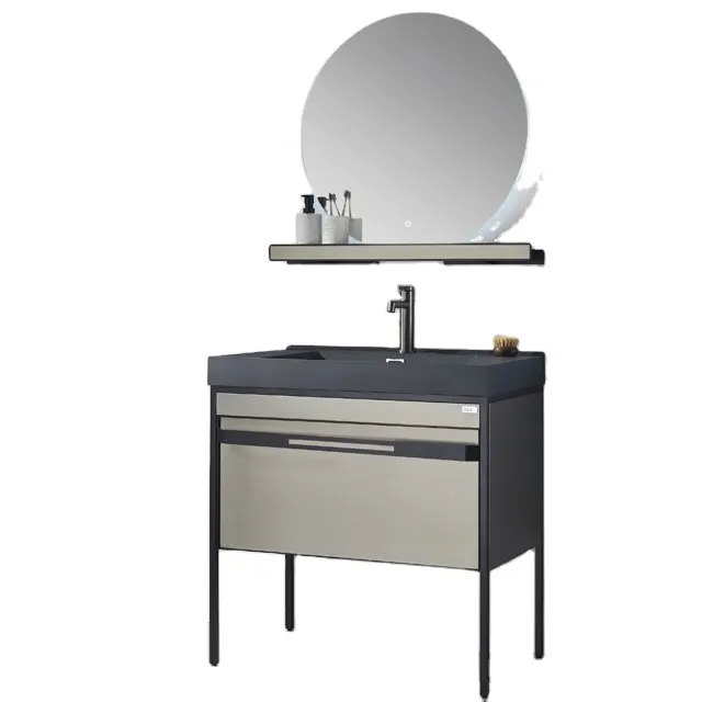 BNITM Modern Rock Slabs Bathroom Cabinets Durable Stainless Steel Bathroom Vanity with Basin Mirror for Apartments
