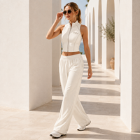 Op maat gemaakte dames sleeveless zip crop matching pak zachte gebreide wijde pijpen broek OEM ODM privélabel voor thuis en vrije tijd
