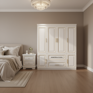 Armadio di Lusso a 4 Ante Bianco con 2 Cassetti, 2 Ripiani e Asta Appendiabiti Inclusa, Arredamento per Camera da Letto - Product Image 2