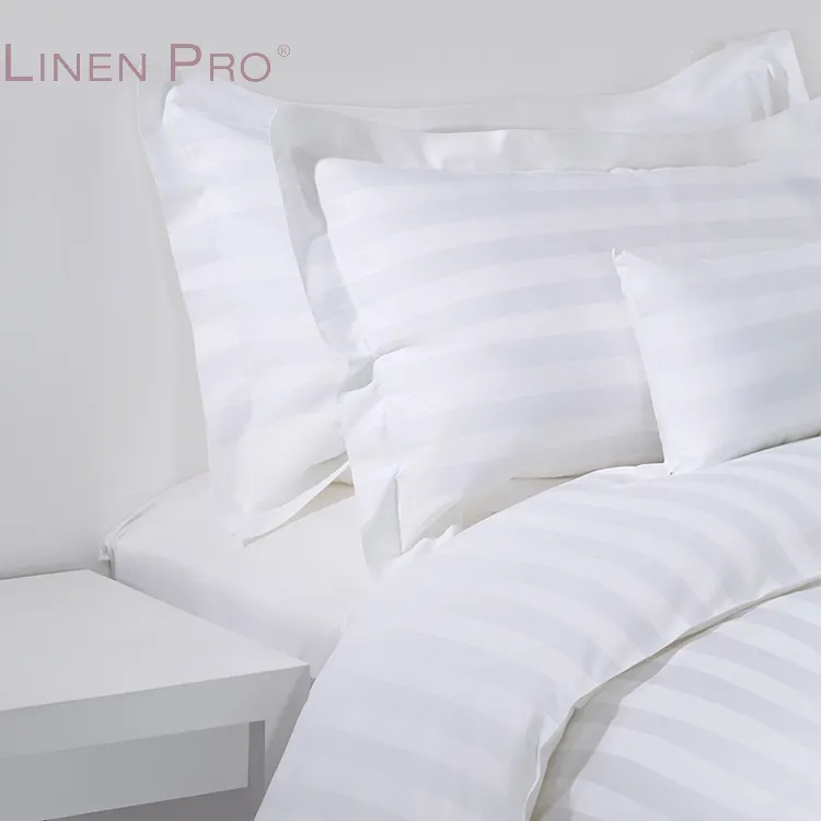 LINENPRO الجملة فندق الكتان 250TC الأبيض طقم سرير غطاء لحاف غطاء سرير مجموعة 3 سنتيمتر شريط 100% طقم سرير قطني طقم سرير