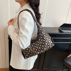Women's <strong>Studded</strong> Hobo <strong>Bag</strong> Fashion Rivet PU Leather Shoulder <strong>Bag</strong> Daily Tote - Product Image 1
