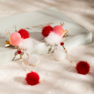 Liquidación de accesorios para el cabello Hanfu para niños, pinzas para el cabello con borlas y pompones, pinzas para el cabello de estilo antiguo etéreo, esponjosas - Product Image 1