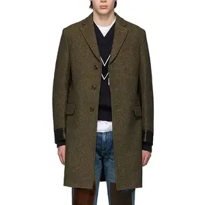 OEM Custom Logo Mens Long Brown Black Wool Blend Tweed Melton Coat