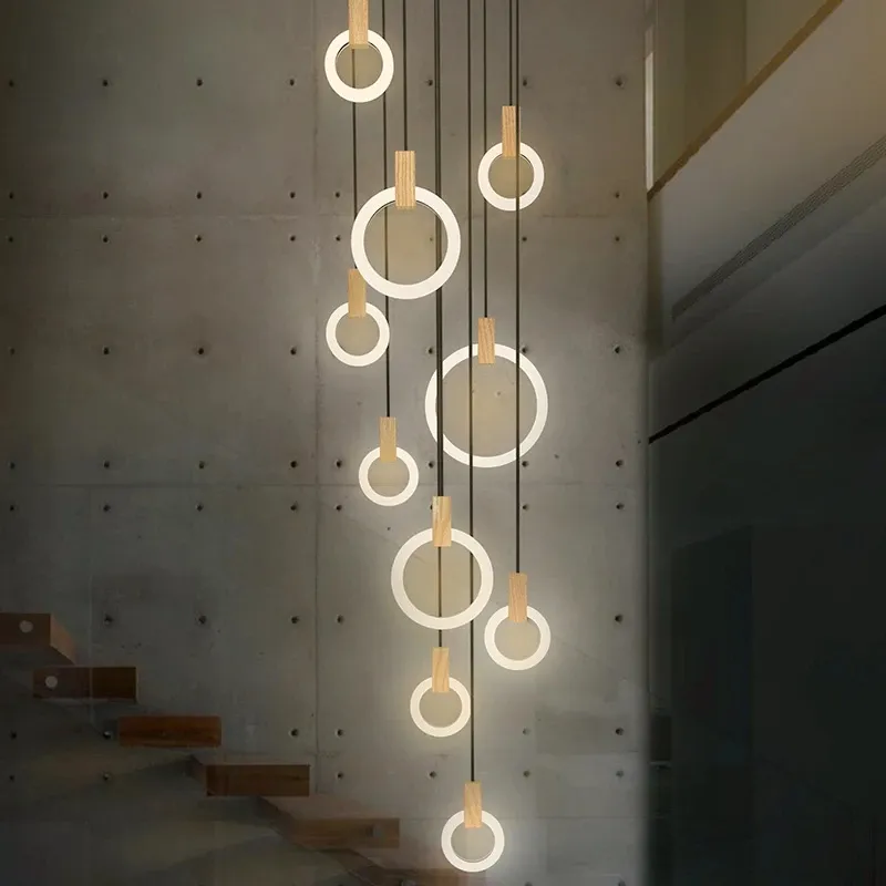 Modern LED stair chandelier lighting Nordic living room ceiling pendant lamps bedroom Acrylic rings fixtures Wood hanging lights