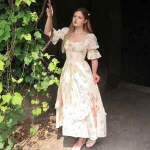 Femmes rose imprimé fleuri Vintage <span class=keywords><strong>invité</strong></span> de <span class=keywords><strong>mariage</strong></span> Maxi robe manches bouffantes col carré nœud garniture à plusieurs niveaux volants bouton décoration - Product Image 1