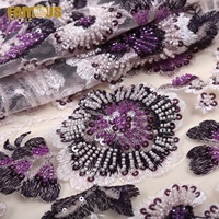 New design 100% polyester knitted hand luxury heavy beaded flower embroidered lace fabric for wedding dresses