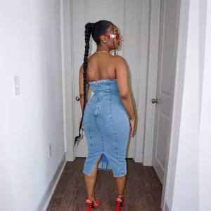 ชุดเดรสแขนกุดสำหรับผู้หญิง, ชุดเดรสยาวปานกลางเข้ารูปสีพื้นสีน้ำเงิน - Product Image 5