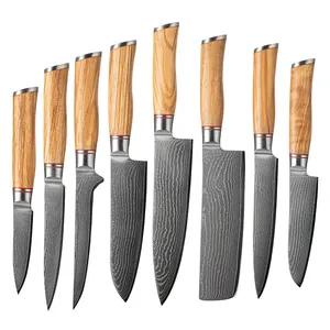 8 buah Set pisau dapur Damaskus dengan pegangan kayu zaitun 67 lapis VG10 pisau koki ukir Santoku baja Damaskus