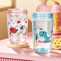 Botella de Agua de Plástico de Grado Alimenticio de Doble Uso para Niños, Vaso con Pajita, Portátil, Resistente al Calor, Diseño de Dibujos Animados, Correa de Transporte para 550 ml