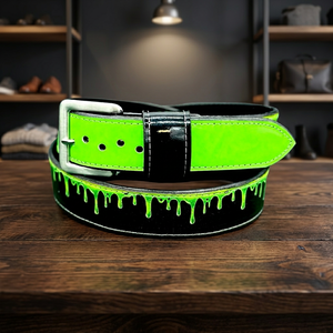 Ceinture de baseball réversible en cuir de vachette avec imprimé goutte de peinture vert fluo, base noire, boucle rectangulaire argentée, style décontracté - Product Image 4