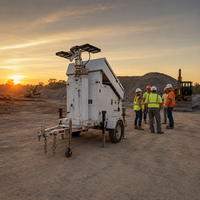 Tour d'éclairage solaire LED mobile portable avec 4 projecteurs de 150W, mât télescopique de 7m, tour d'éclairage montée sur remorque