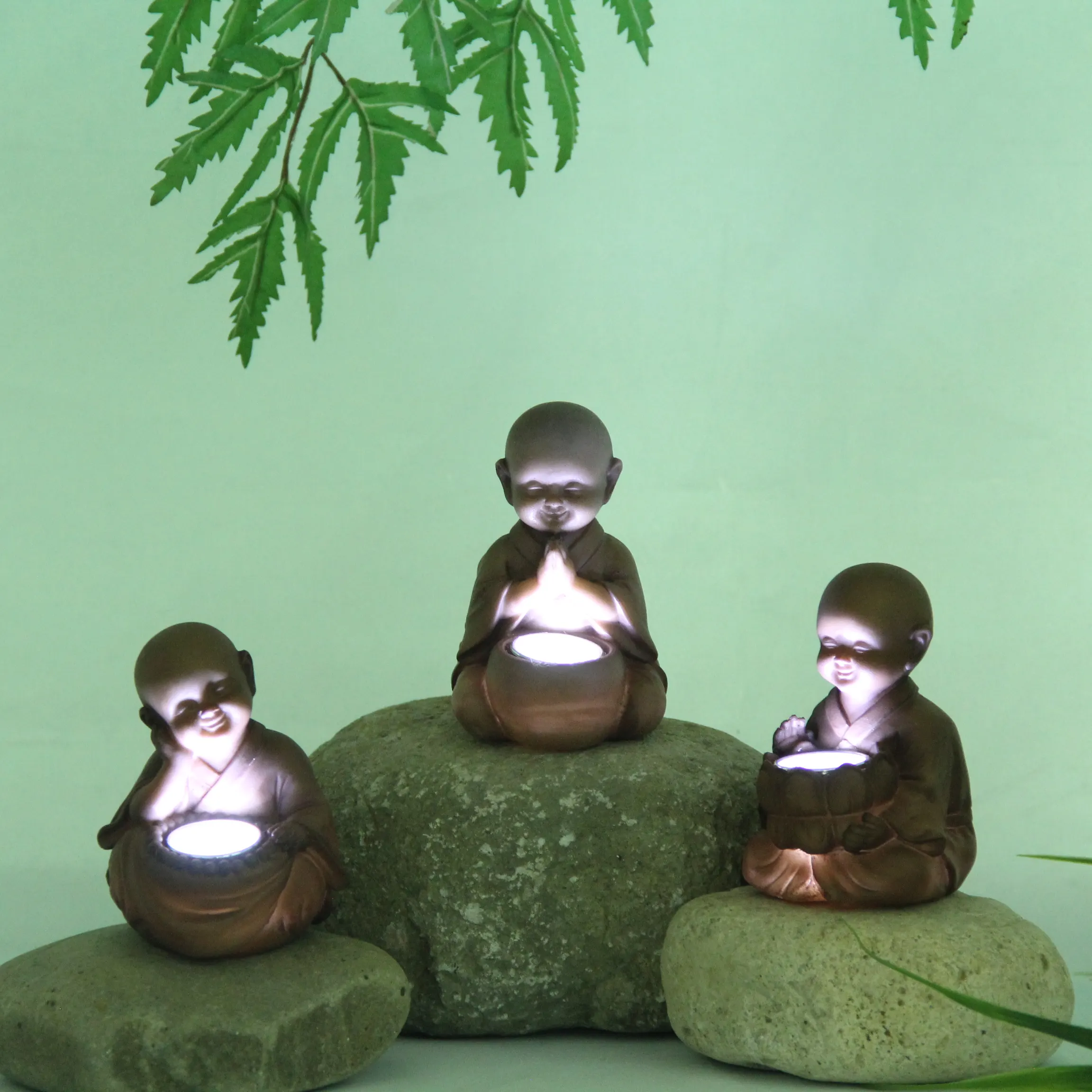 resin ornaments happy buddha monk figure,led solar light garden monk decor resin toys