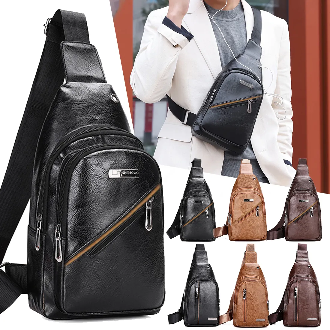 Messenger seyahat USB şarj çanta erkek göğüs çanta PU Sling spor rahat crossbody erkek omuz çantası