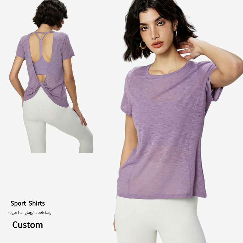 Wholesale Ladies Running Biker Pilates Yoga T Shirts Women Short Sleeve Loose Casual Backless Tops Female Workout T Shirts