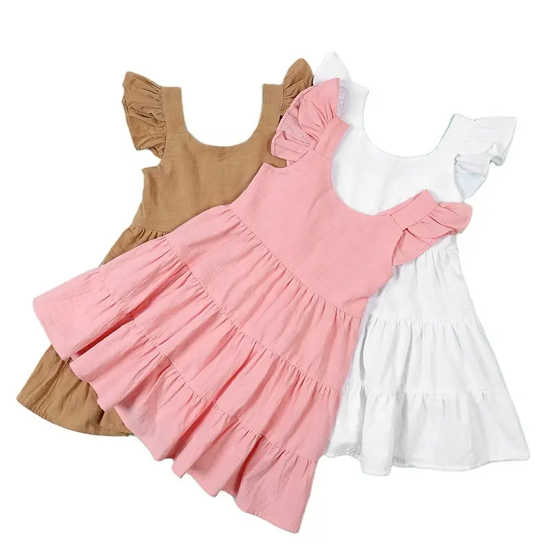 Gaun kasual anak-anak warna polos stok pabrik rok motif bunga Princess musim panas untuk bayi perempuan