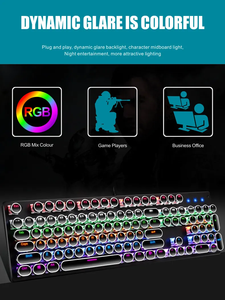 Teclado de computador, preto à prova d' água rgb led luz up punk estilo retrô teclado gamer teclado mecânico de jogo